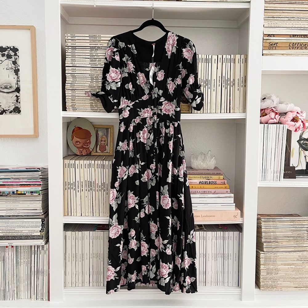 FREE PEOPLE Love of My Life Midi dress black with pink green flower print NWT